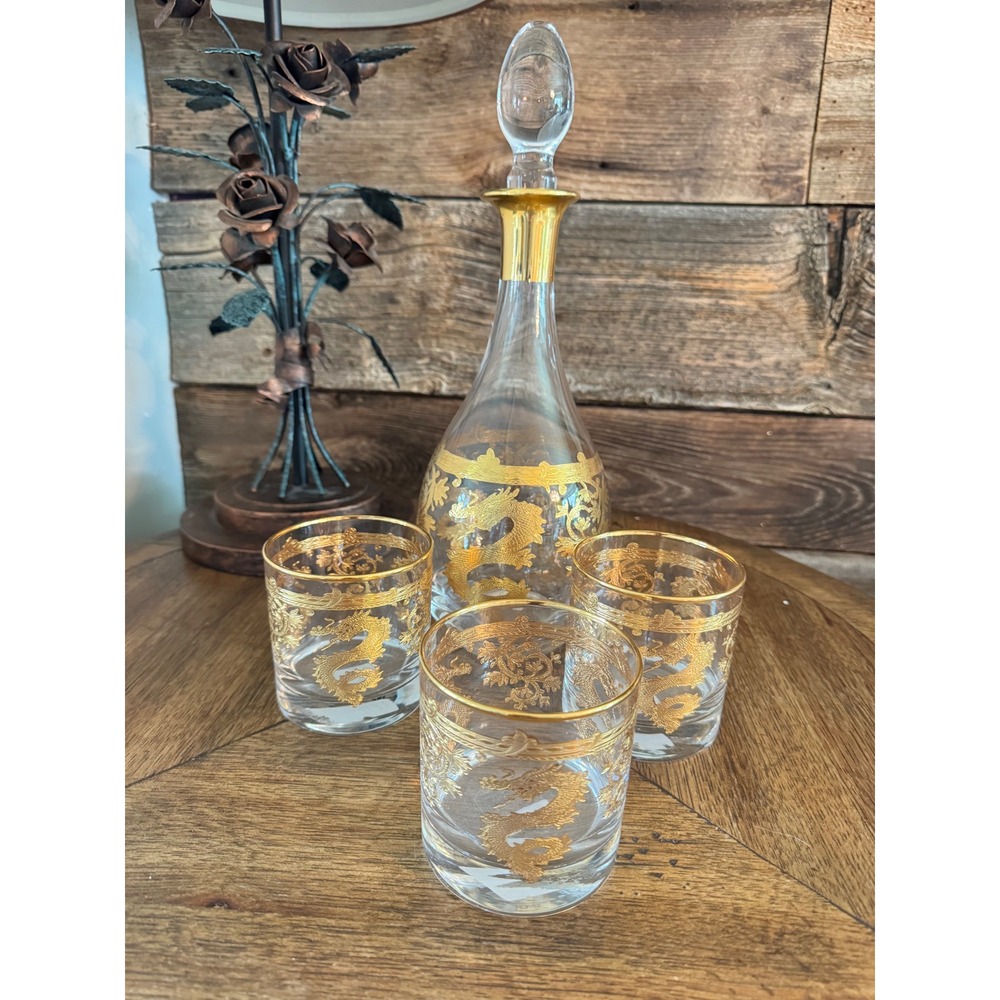 Willams Sonoma Gold year of Dragon Encrusted Decanter 3 Glasses Set Barware